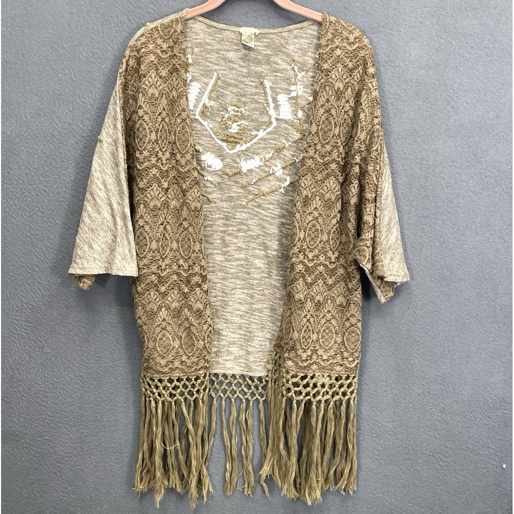 BKE Gimmicks Cardigan‎ Sz Med Kimono Embroidered Open Fringe S/S Open Neutral